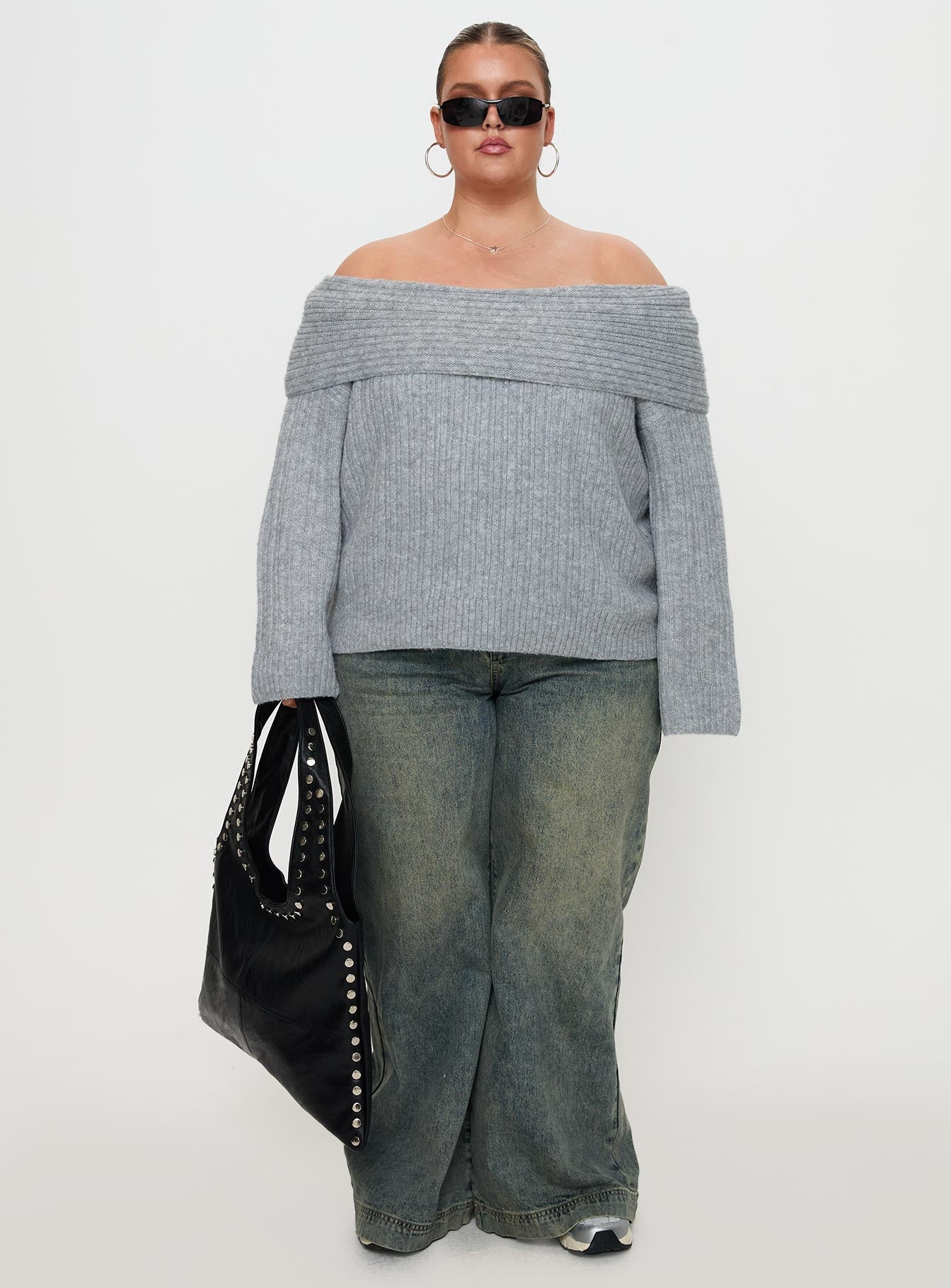 Snowie Off Shoulder Knit Sweater Grey Curve