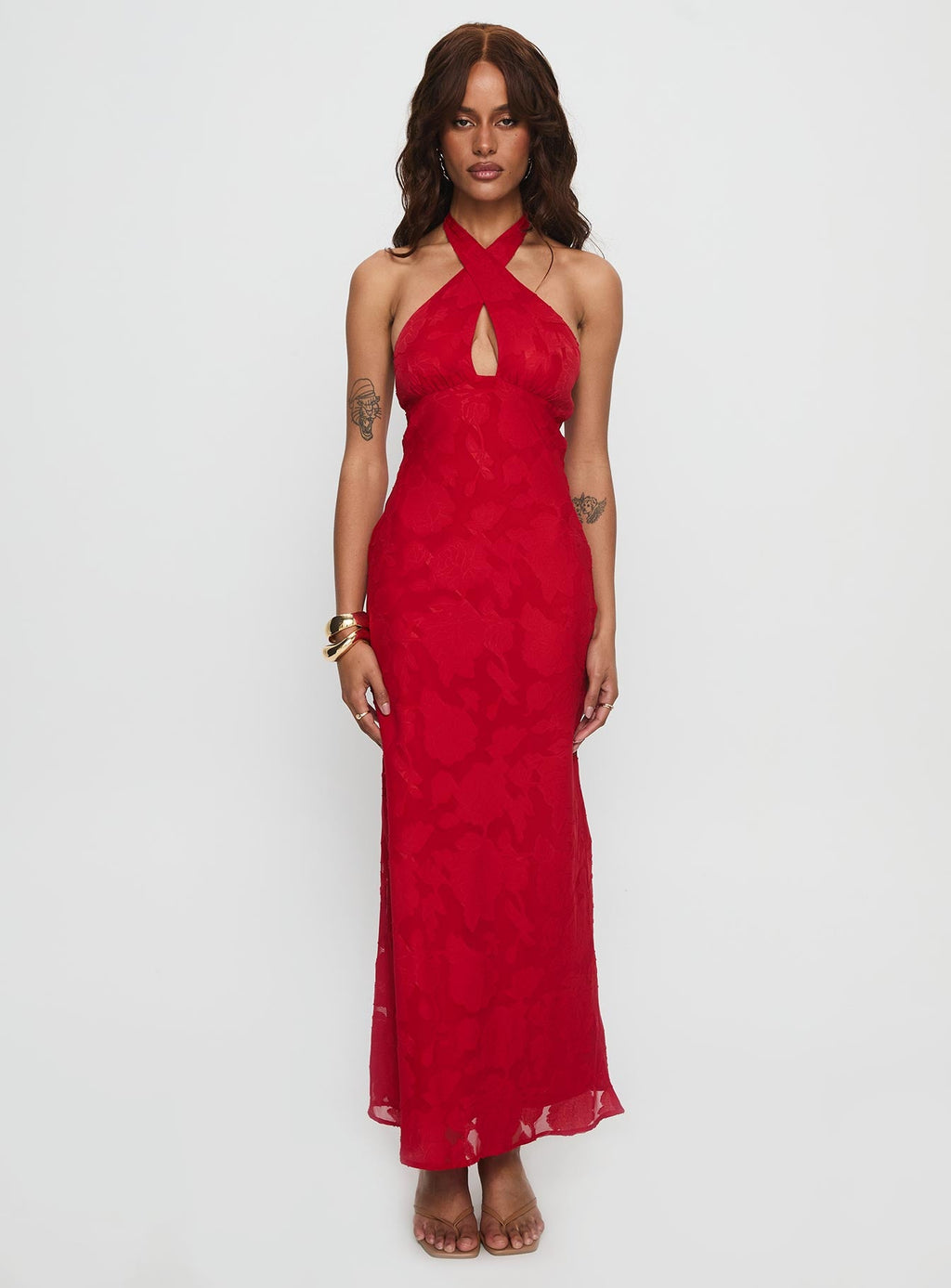 Ending Credits Halter Twist Maxi Dress Red Burnout