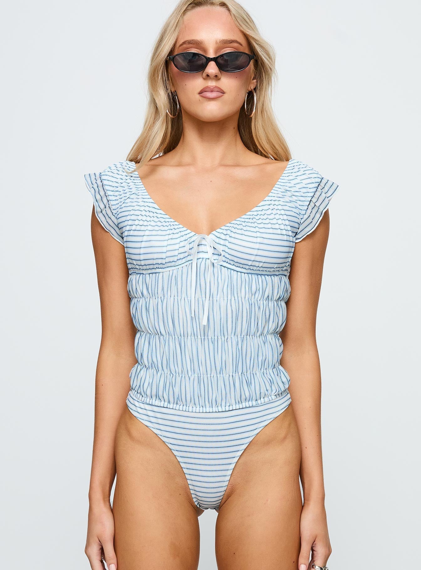 Ahead Of Myself Off Shoulder Bodysuit Blue Stripe