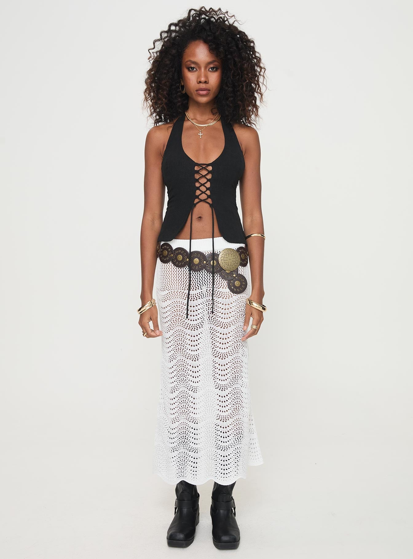 Kastio Crochet Midi Skirt White