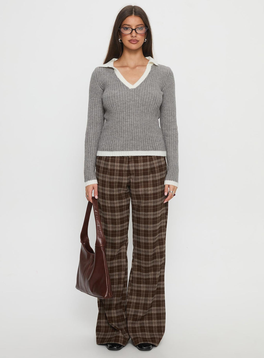 Emiroki Straight Leg Pants Brown Check