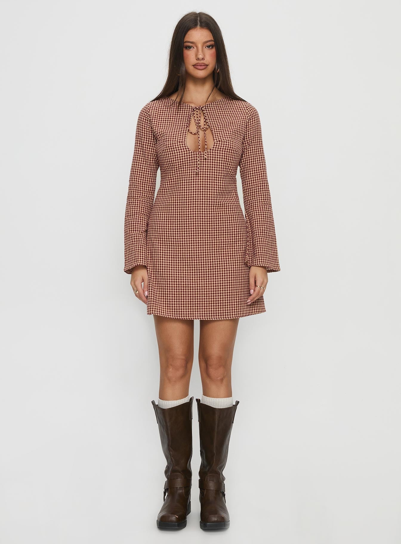 Kassidee Keyhole Long Sleeve Mini Dress Red Check