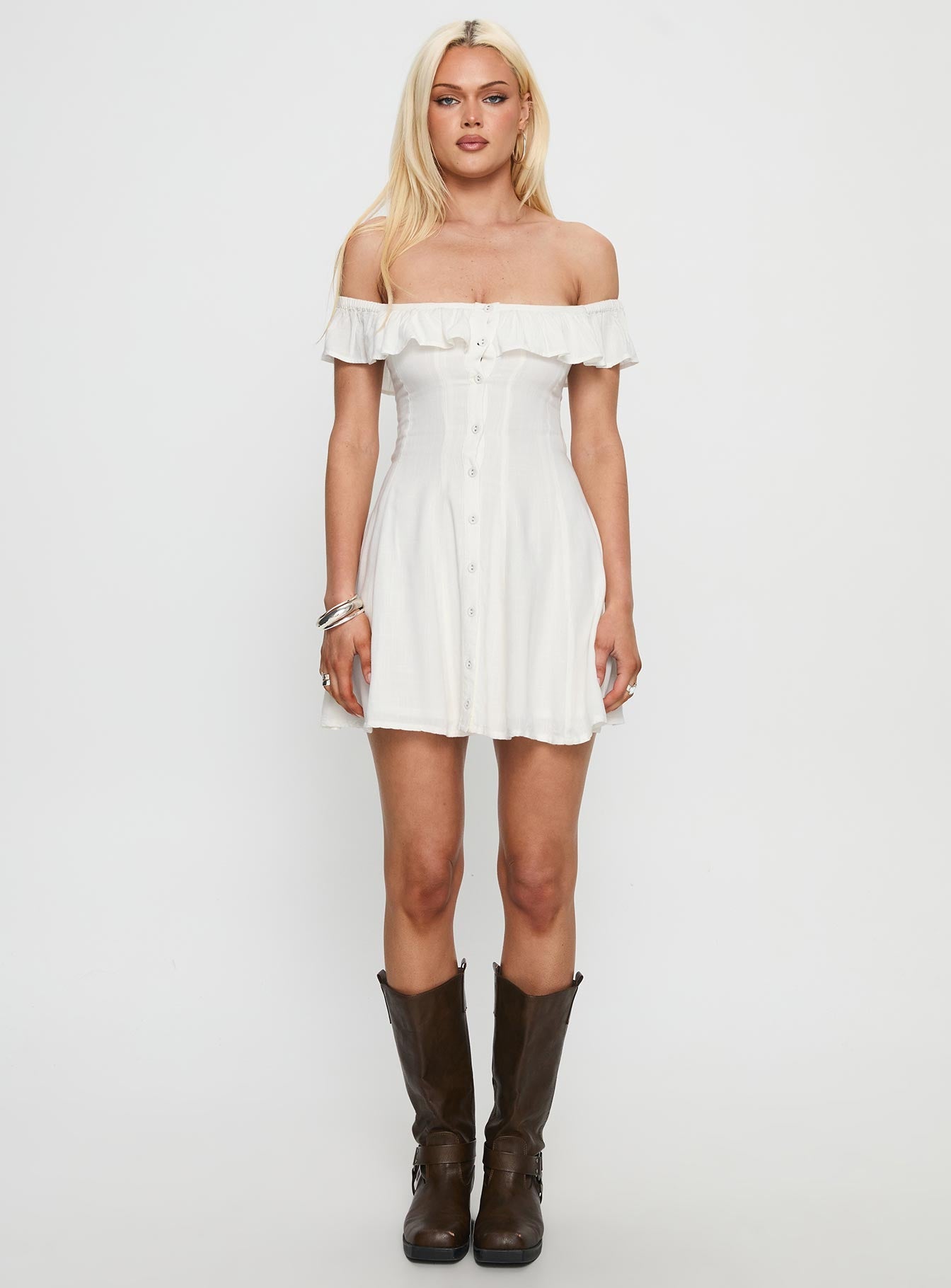 Corail Off Shoulder Frill Mini Dress White