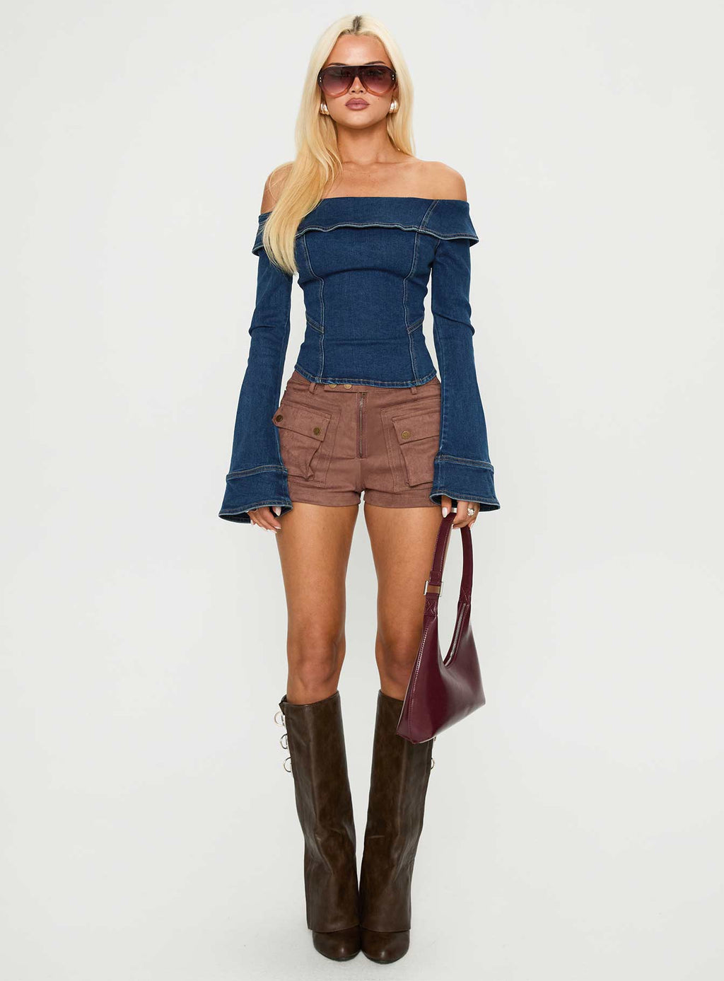 In The Crowd Off Shoulder Top Dark Denim