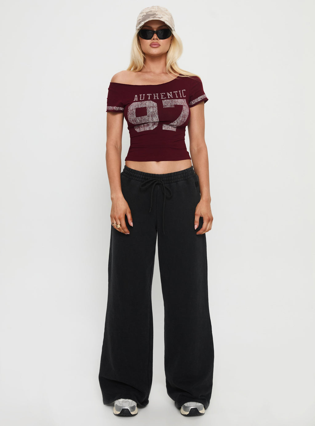 97 Authentic Off Shoulder Graphic Top Maroon