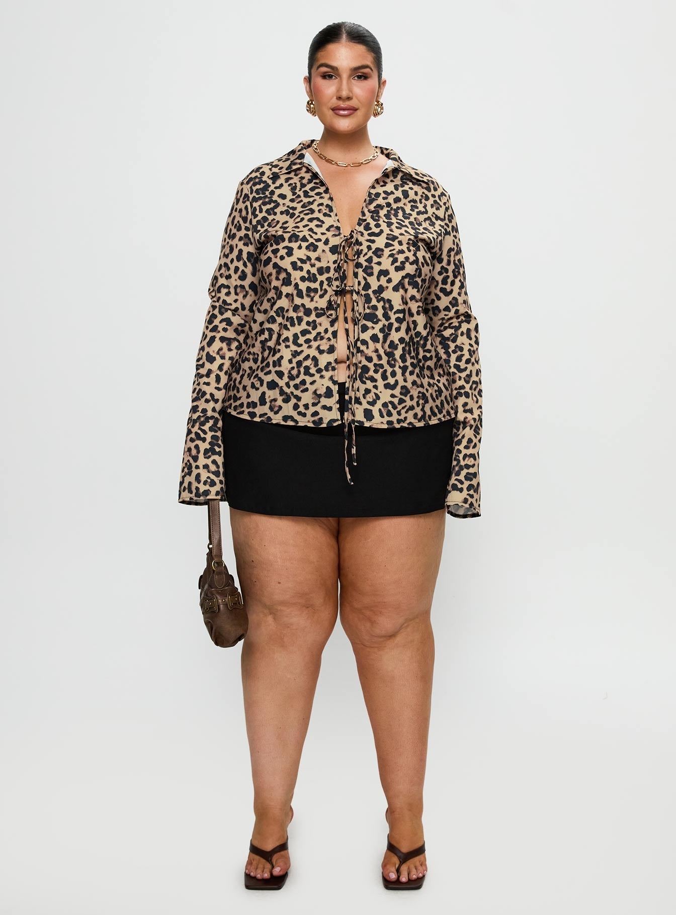 Toriah Long Sleeve Tie Up Top Leopard Curve