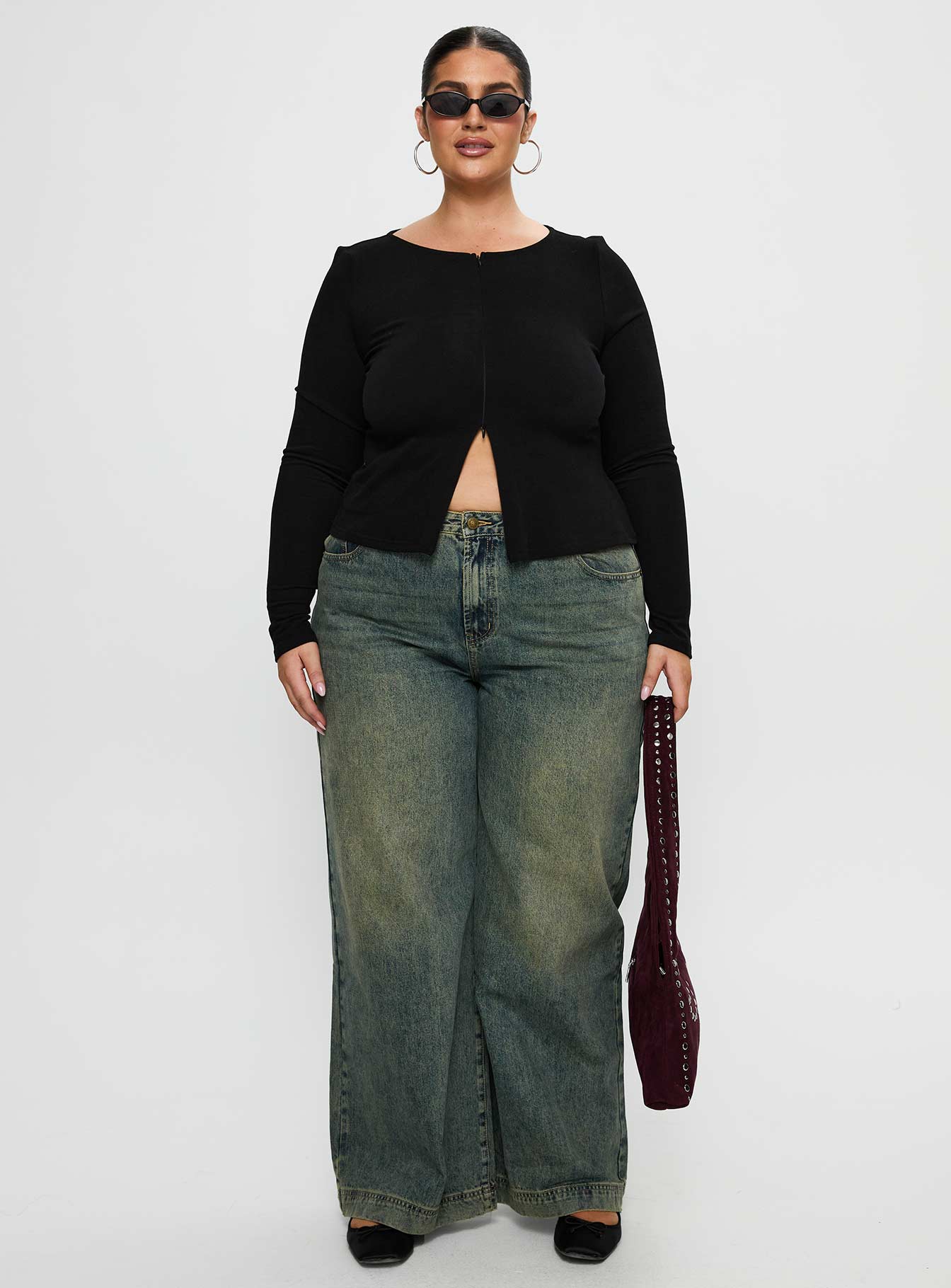 Kortez Long Sleeve Zip Through Top Black Curve