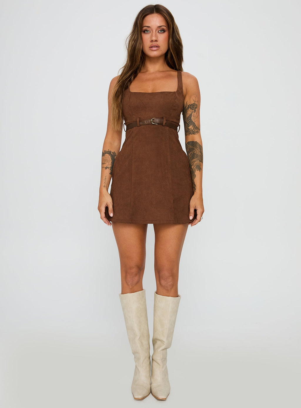 Way Back In Faux Suede Mini Dress Brown