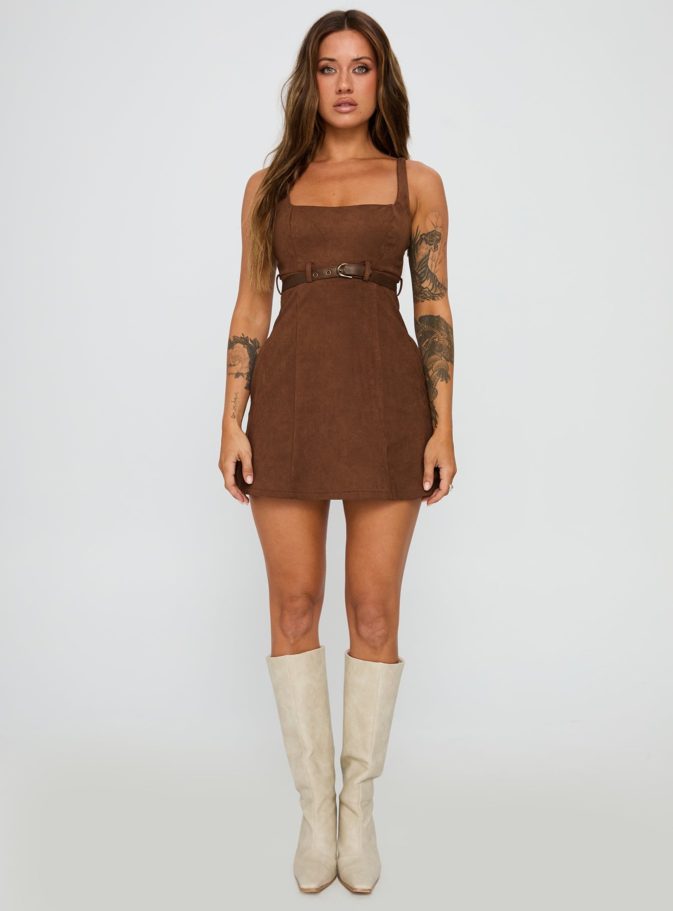 Way Back In Faux Suede Mini Dress Brown