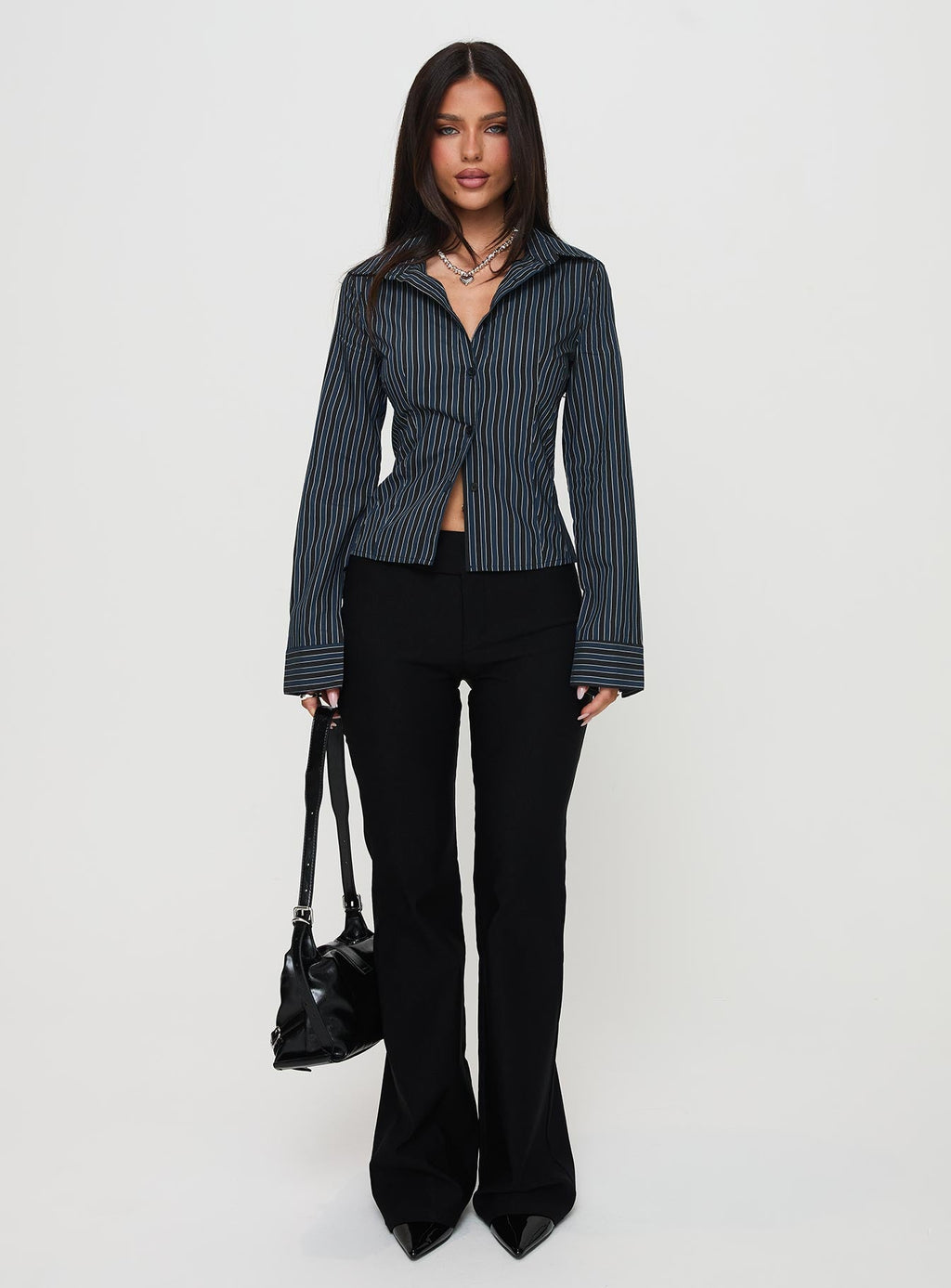 Theroux Long Sleeve Top Navy Pinstripe