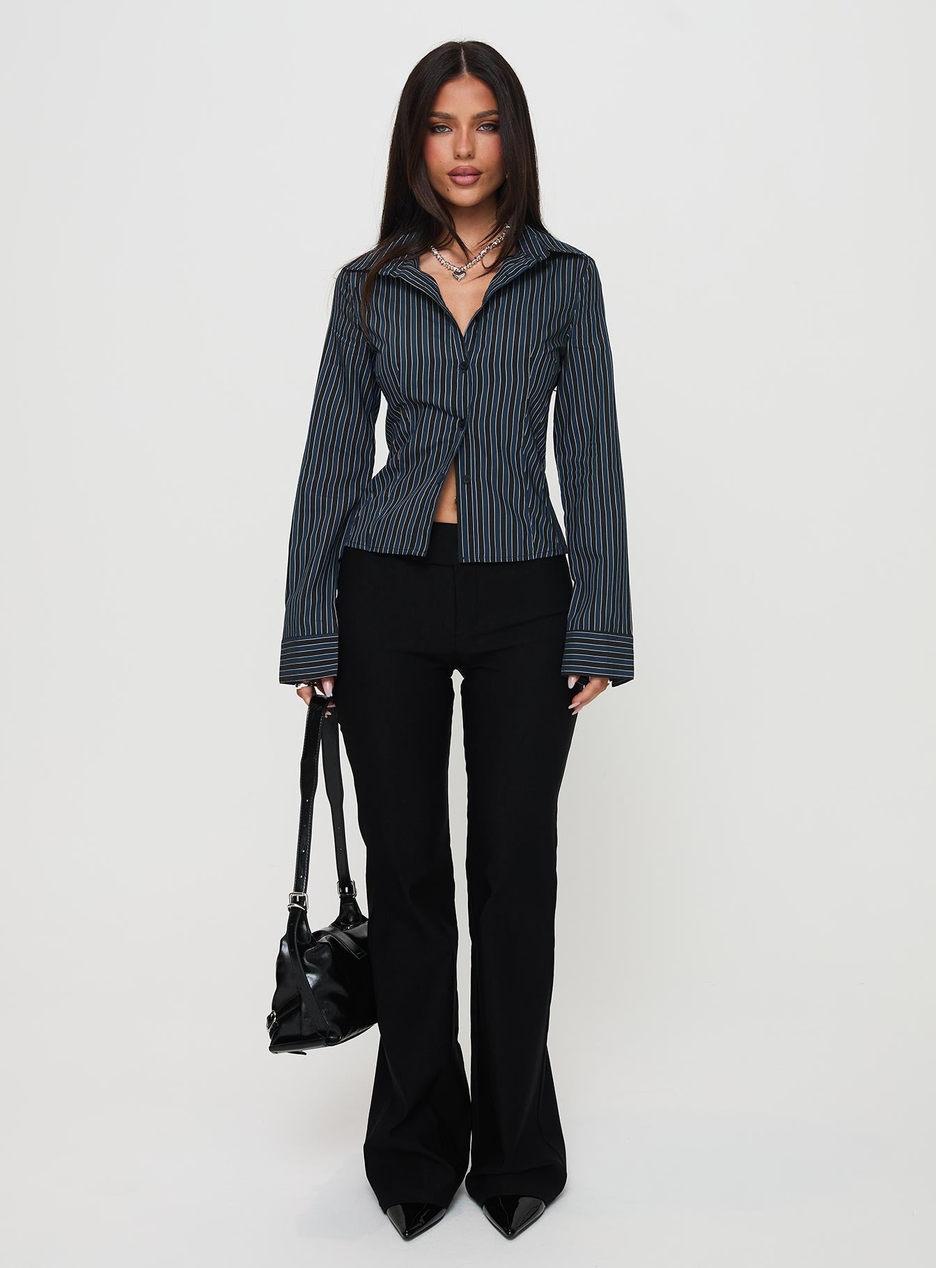 Theroux Long Sleeve Top Navy Pinstripe