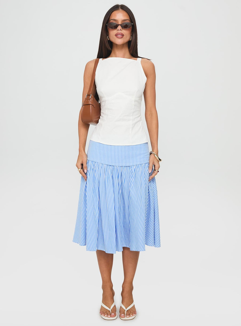 Raelan Tiered Midi Skirt Blue Stripe