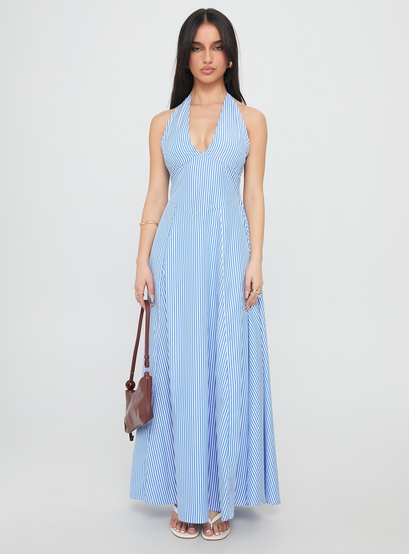 Ivie Halter Plunge Maxi Dress Blue Stripe