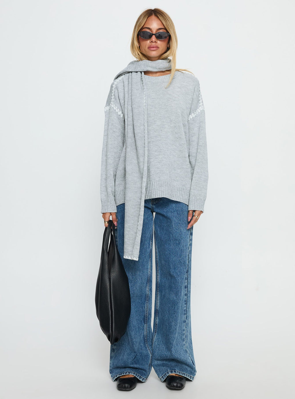 Keriana Contrast Stitch Knit Sweater Grey / White