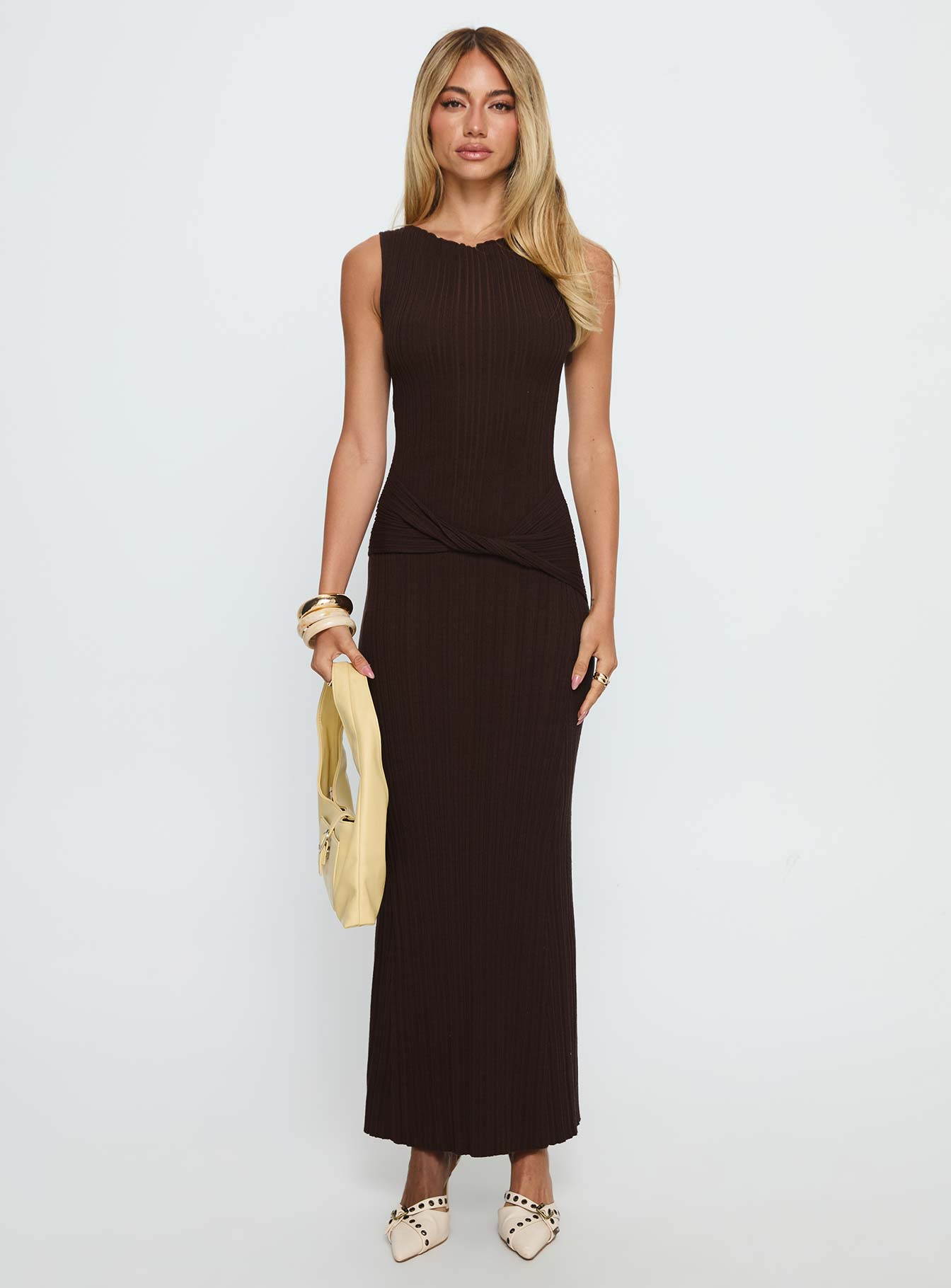 Desirous Rib Twist Maxi Dress Brown