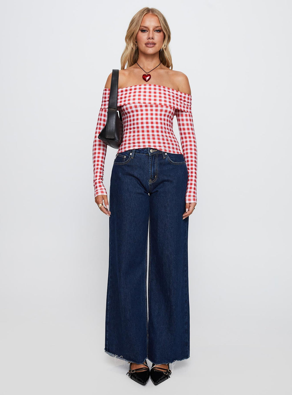 Singular Off The Shoulder Long Sleeve Top Red Check