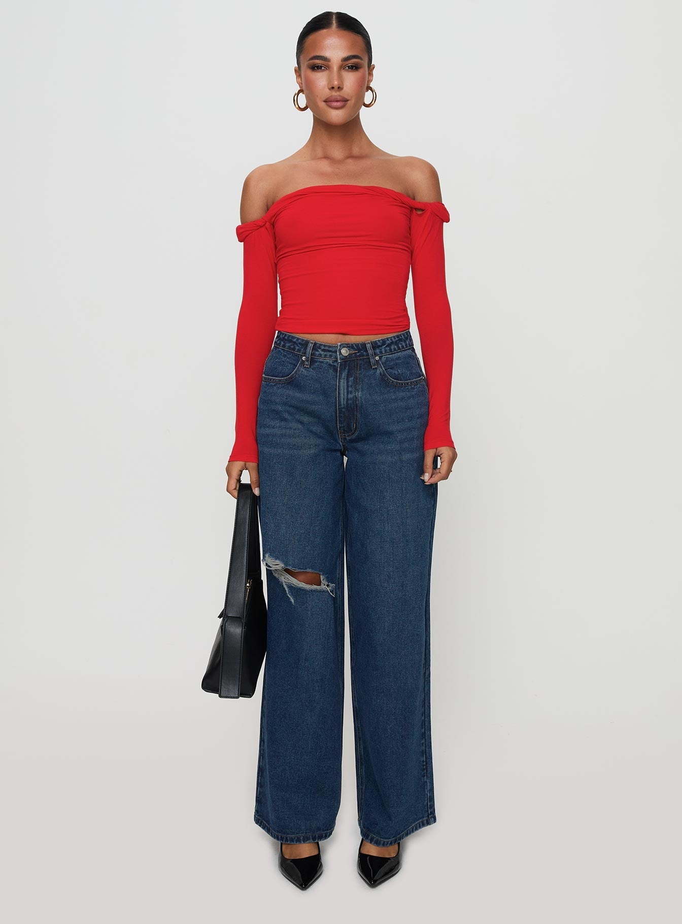 Naylor Rip Mid Rise Wide Leg Jeans Dark Blue Wash