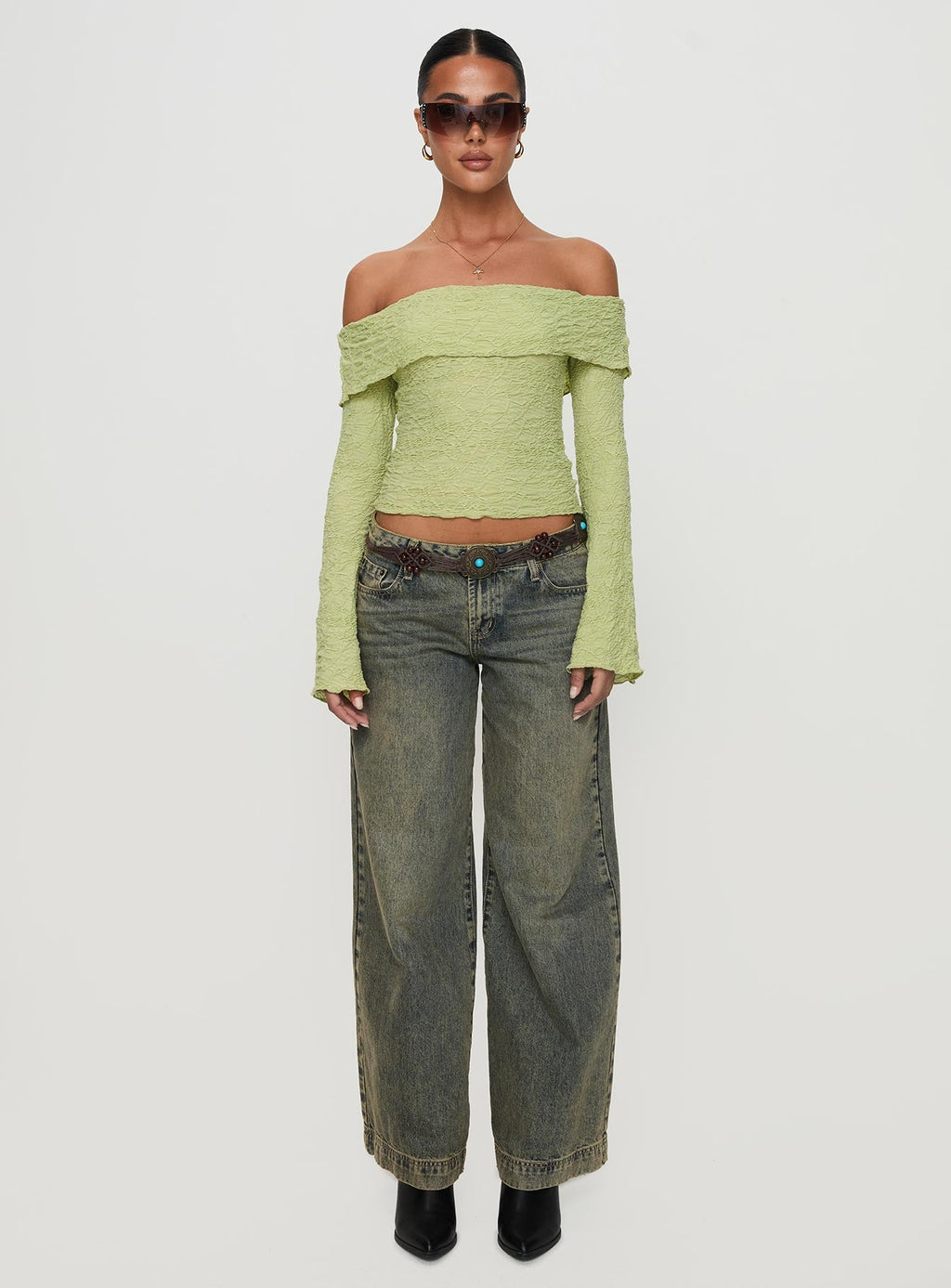 Back With Love Off Shoulder Long Sleeve Top Green