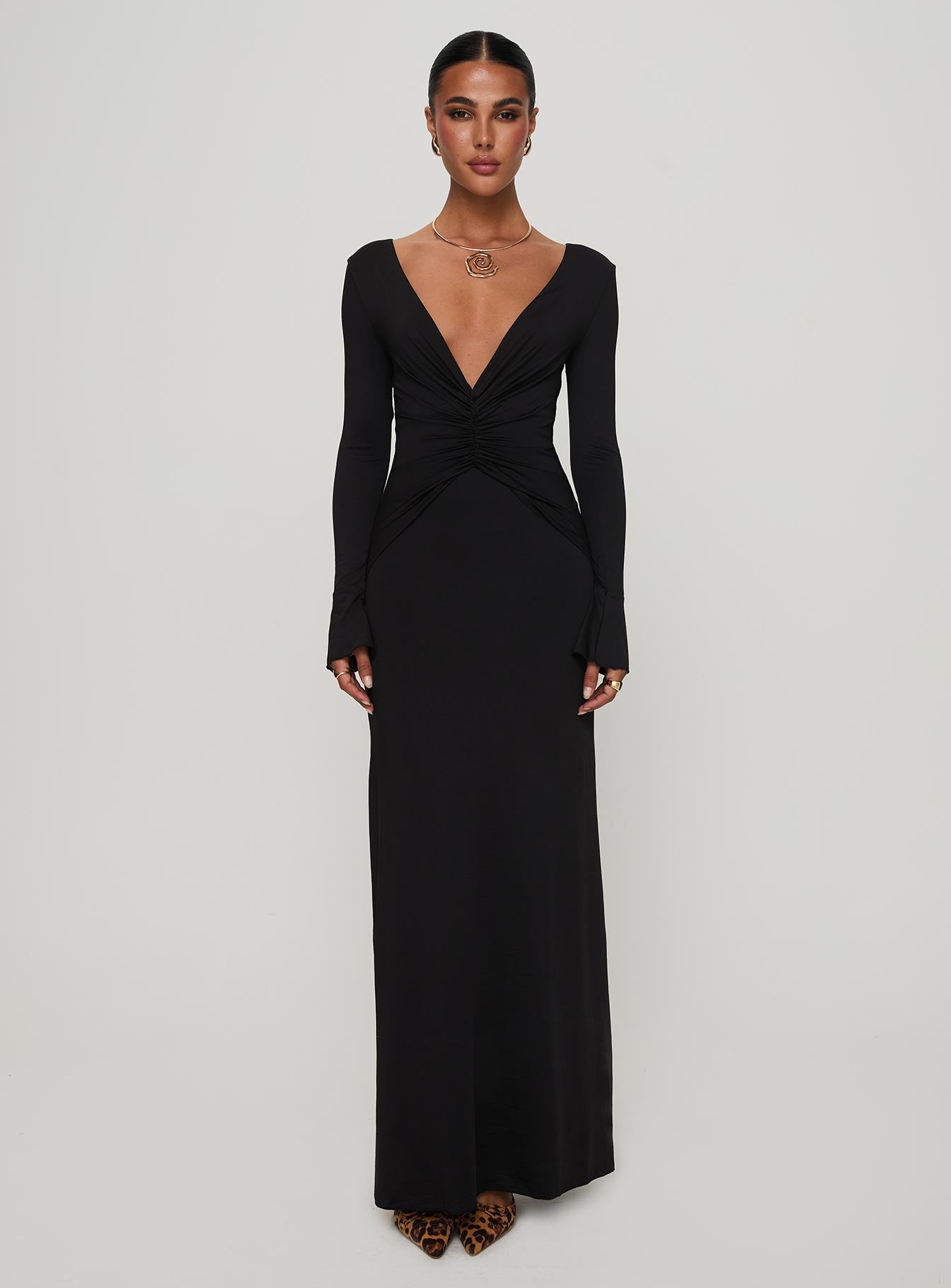 Lezure Plunge Long Sleeve Maxi Dress Black
