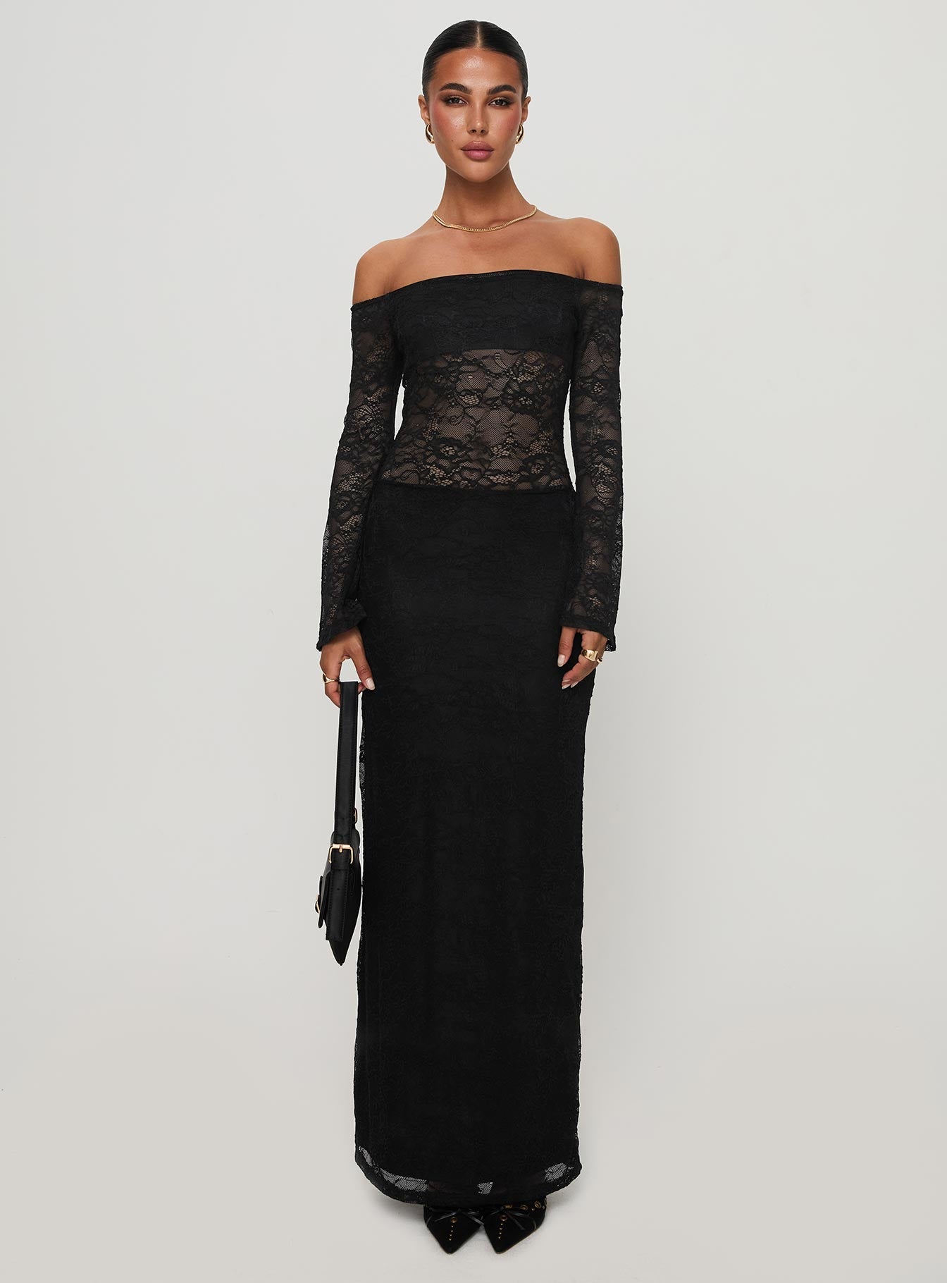 Pinot Grigio Long Sleeve Lace Maxi Dress Black