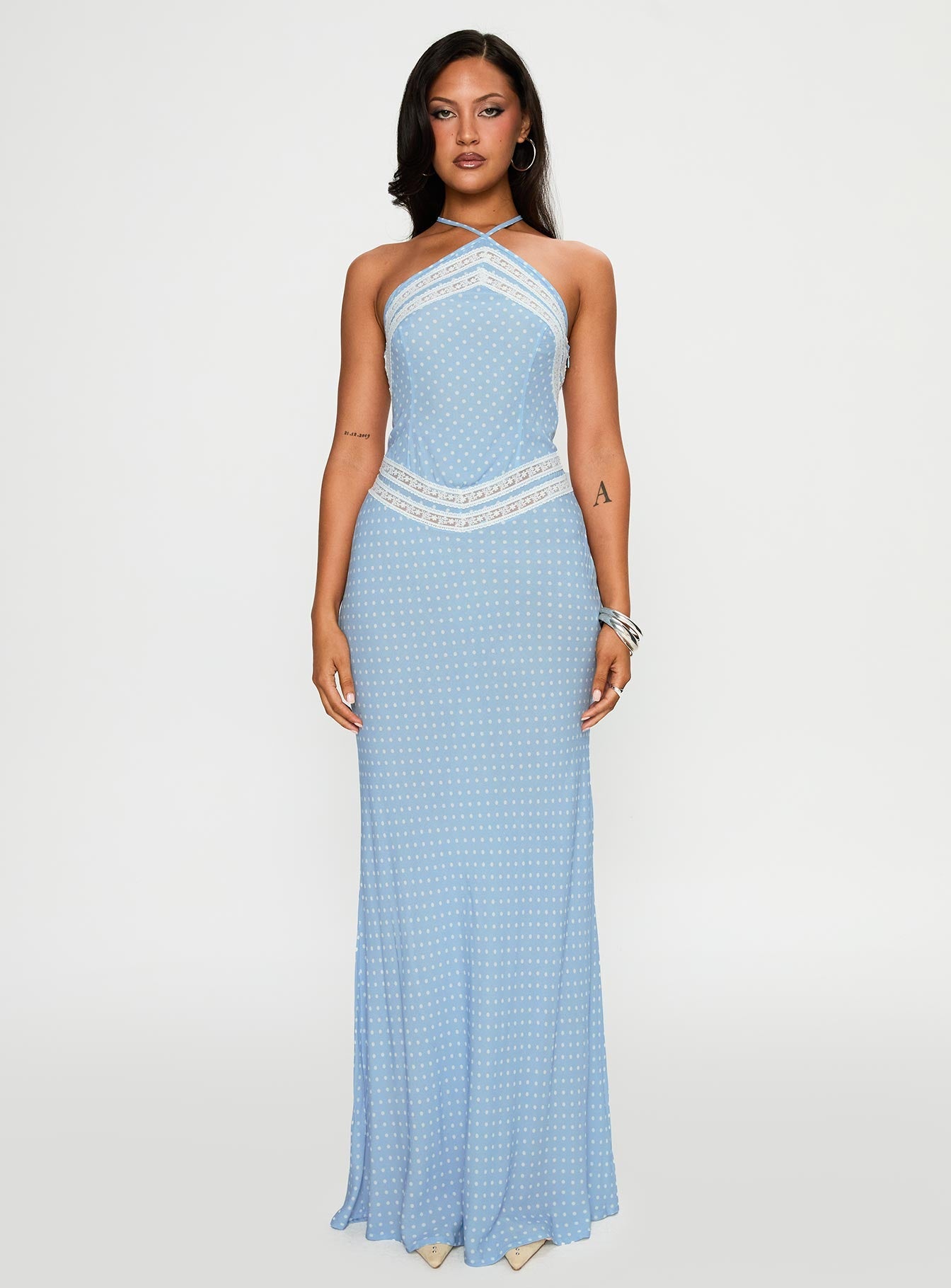 Wild Joy Halter Maxi Dress Blue Polka