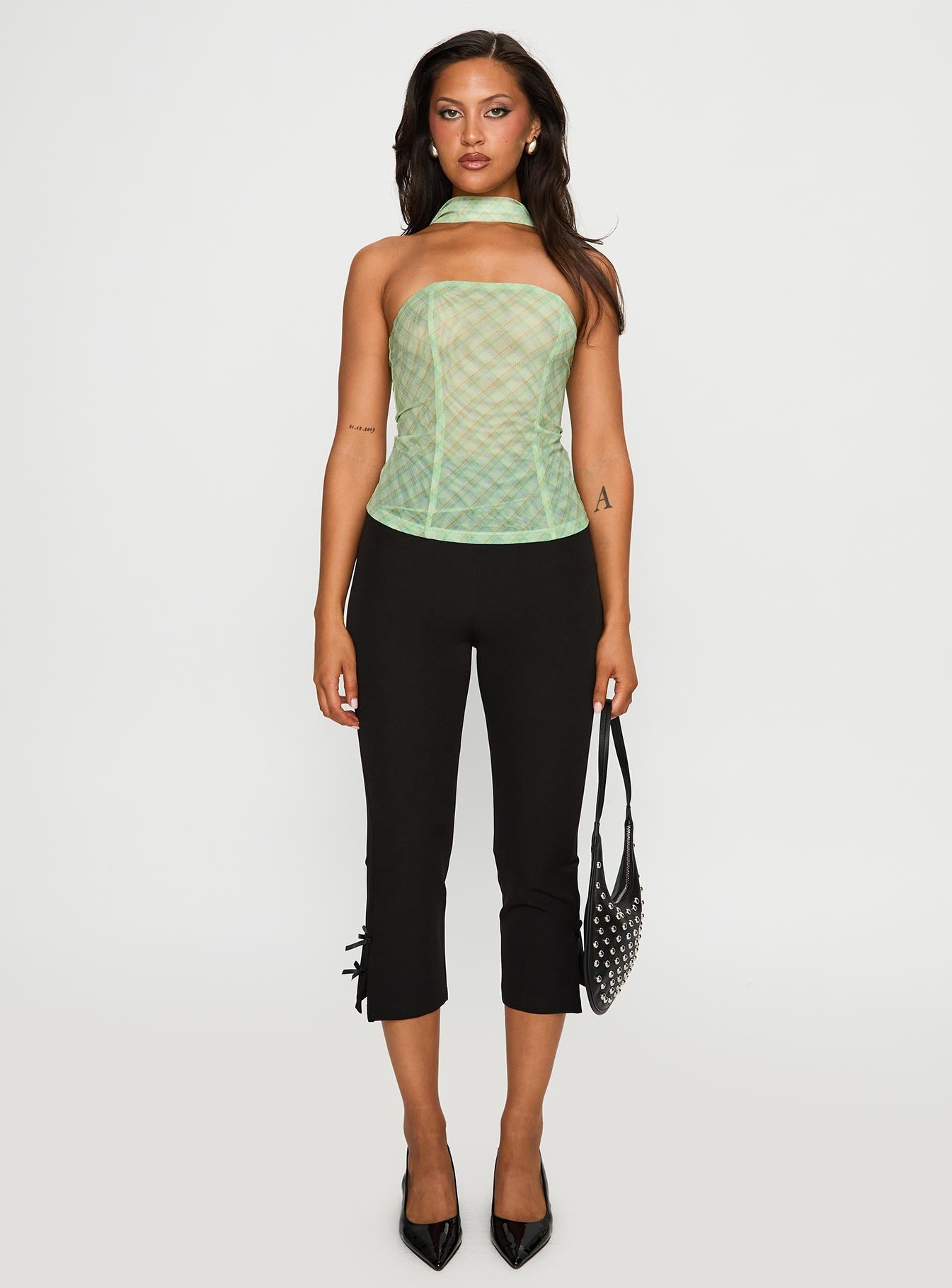 No Comparison Neck Tie Strapless Top Green Check