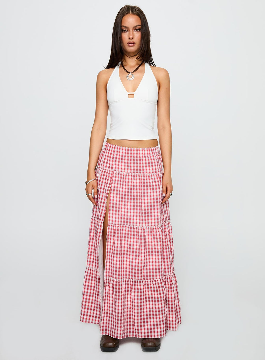 Ilaina Tiered Maxi Skirt Red Check