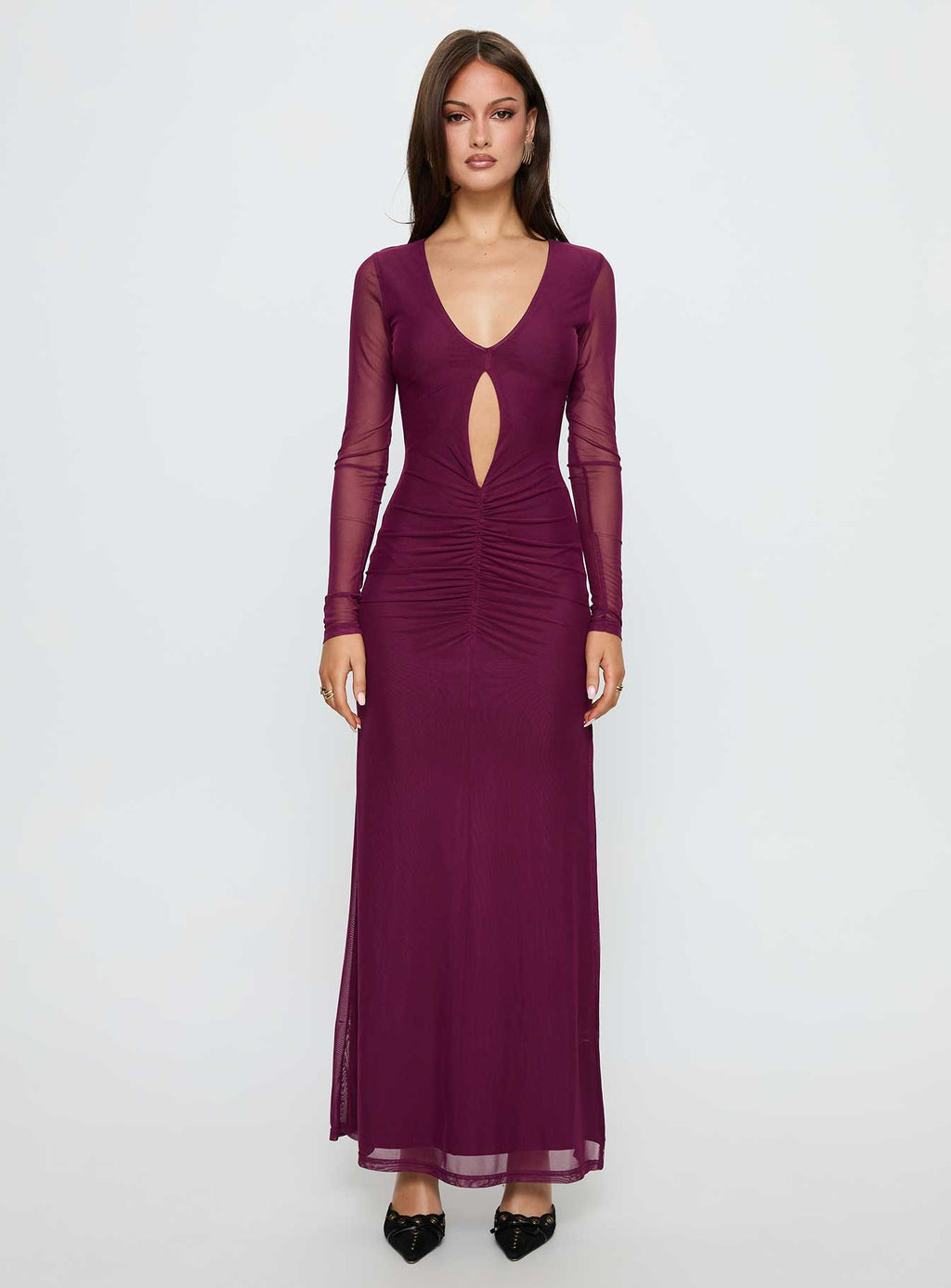 Darkside Long Sleeve Cut Out Plunge Maxi Dress Plum