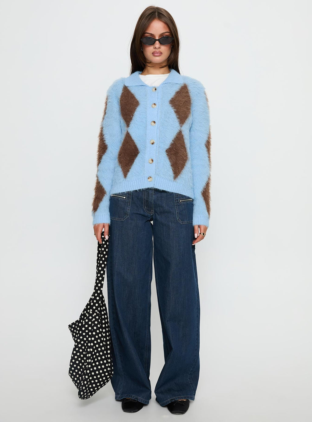 Lynnsey Fluffy Collared Knit Sweater Blue Argyle