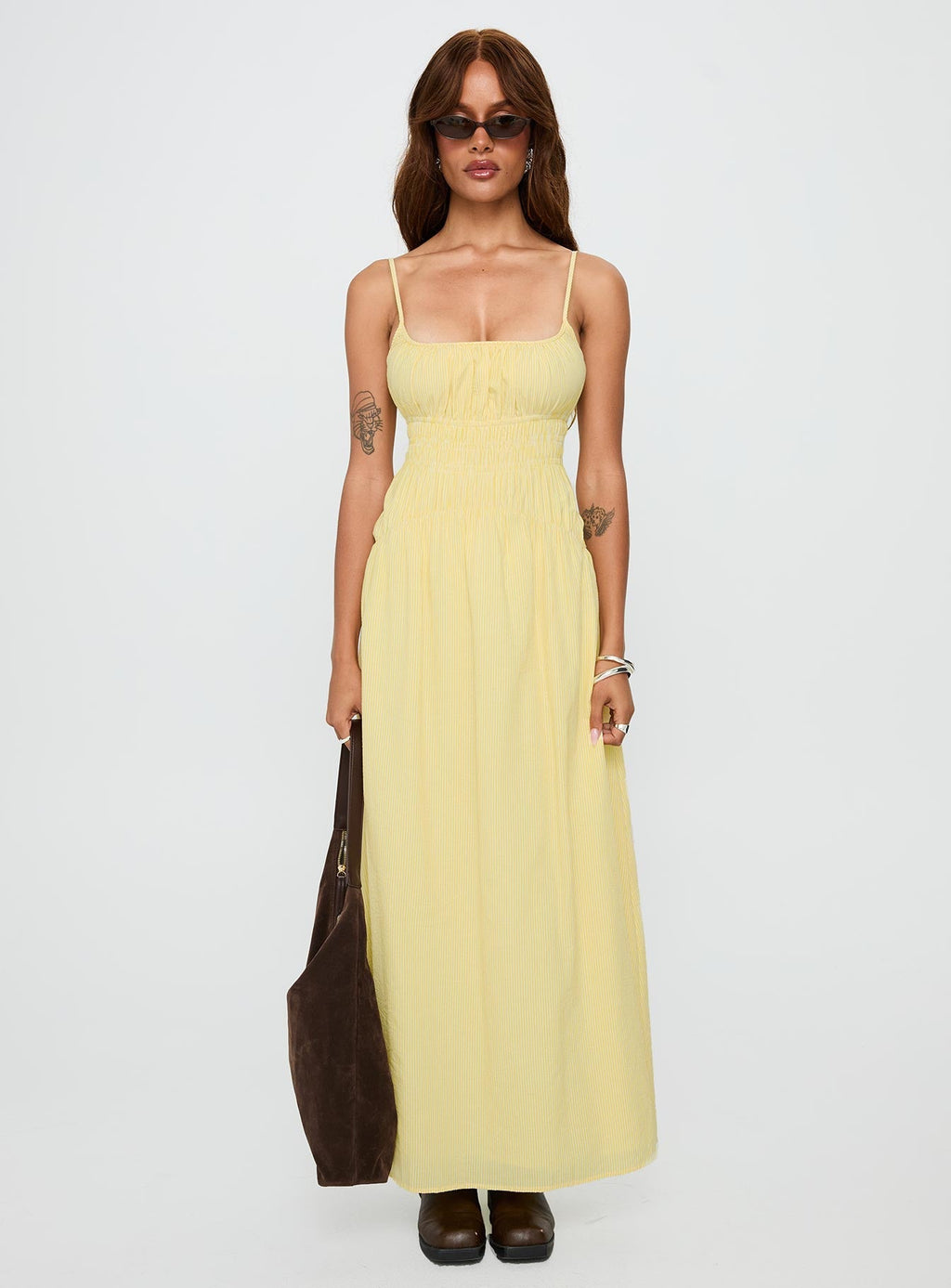 Magnolie Shirred Maxi Dress Yellow Stripe