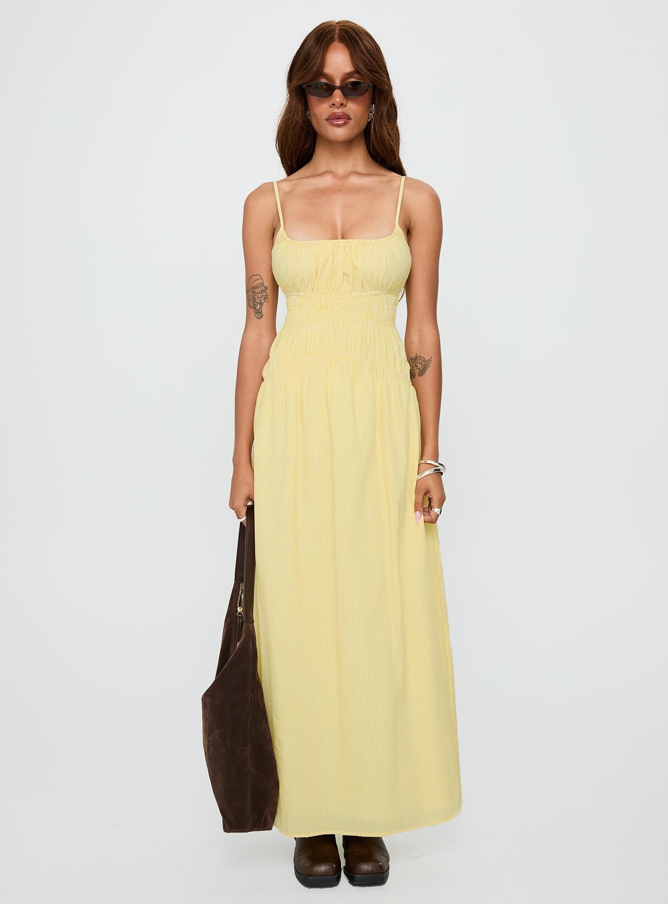 Magnolie Shirred Maxi Dress Yellow Stripe