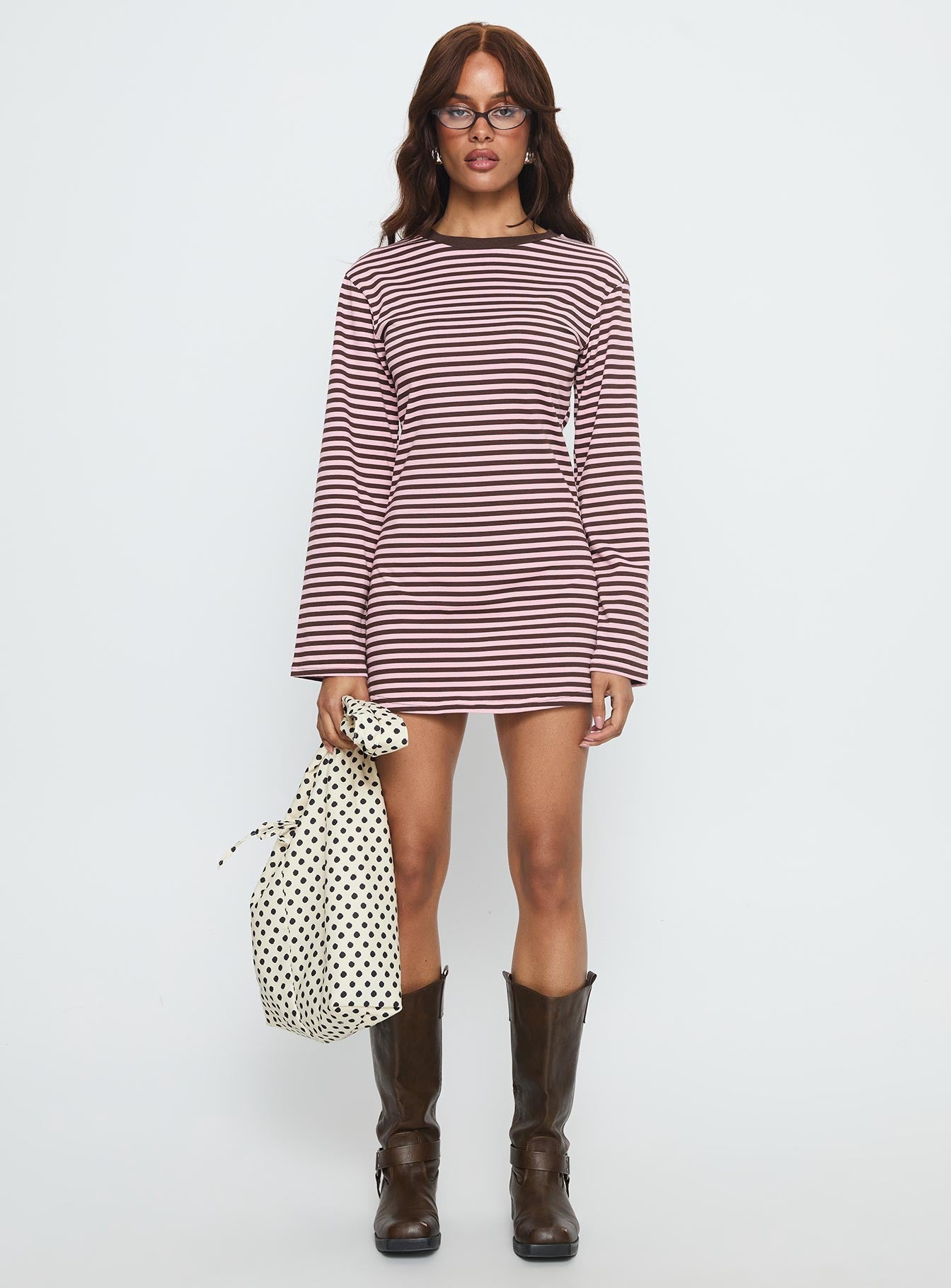 Lulolah Long Sleeve Mini Dress Chocolate / Pink Stripe