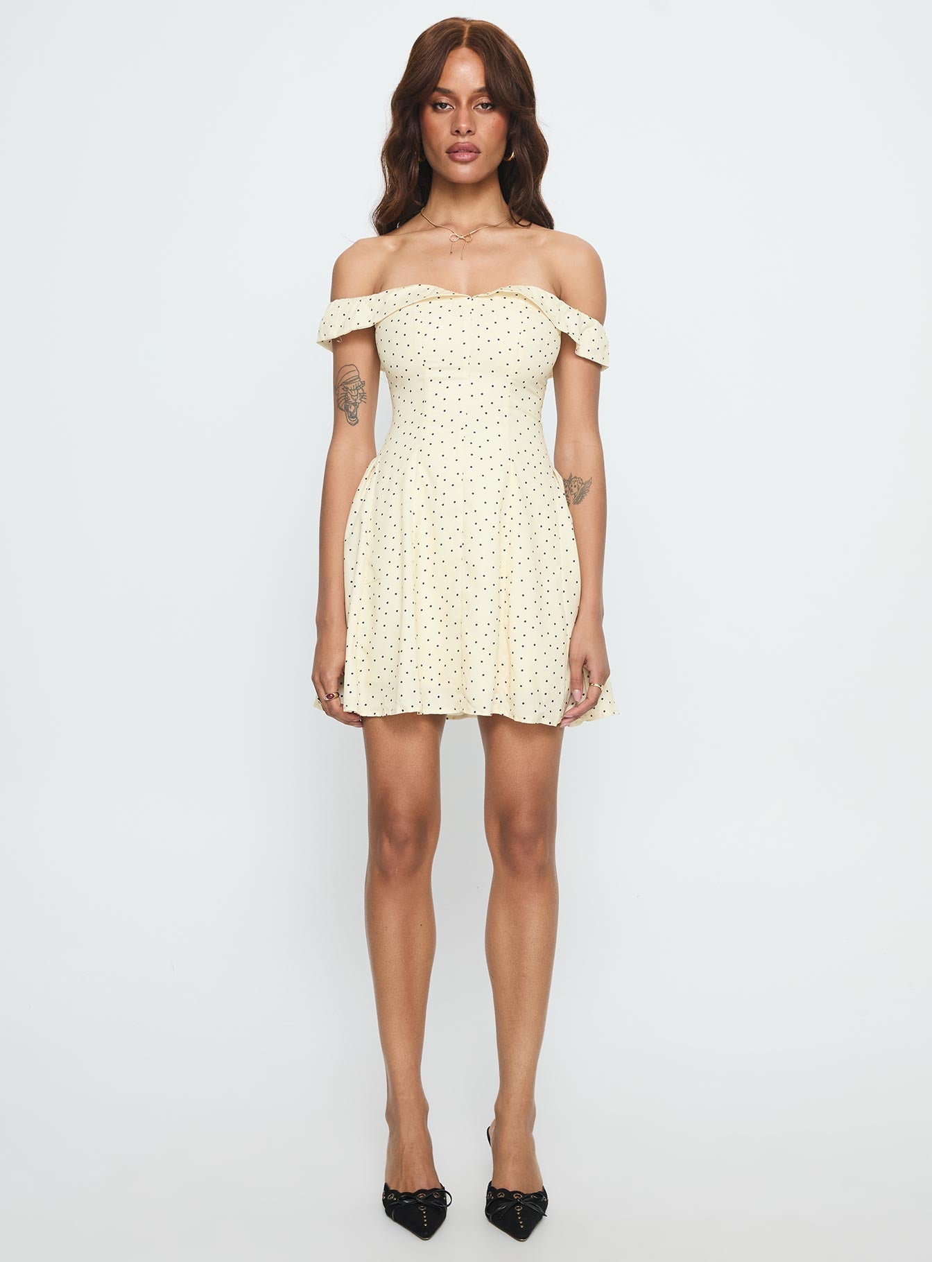 Rosebud Off The Shoulder Mini Dress Yellow / Polka Dot