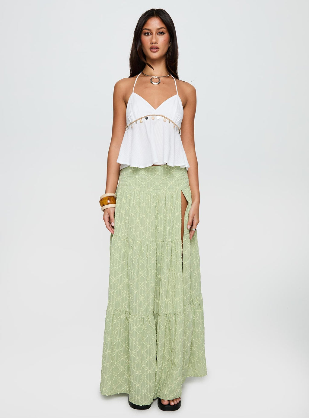 Silver Soul Embroidered Maxi Skirt Sage