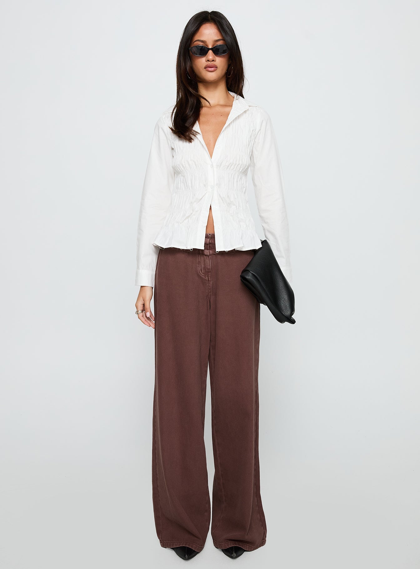 Cultivate Shirred Long Sleeve Top White