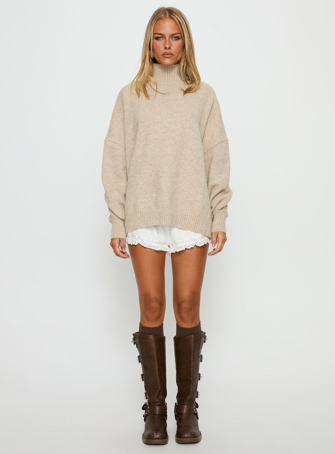 Patrizia Funnel Neck Knit Sweater Beige