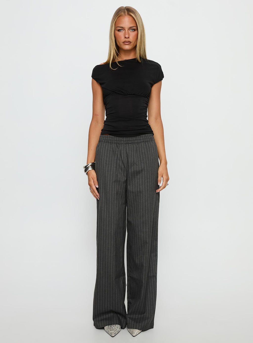 Jaysa Baggy Wide Leg Pant Grey Pinstripe