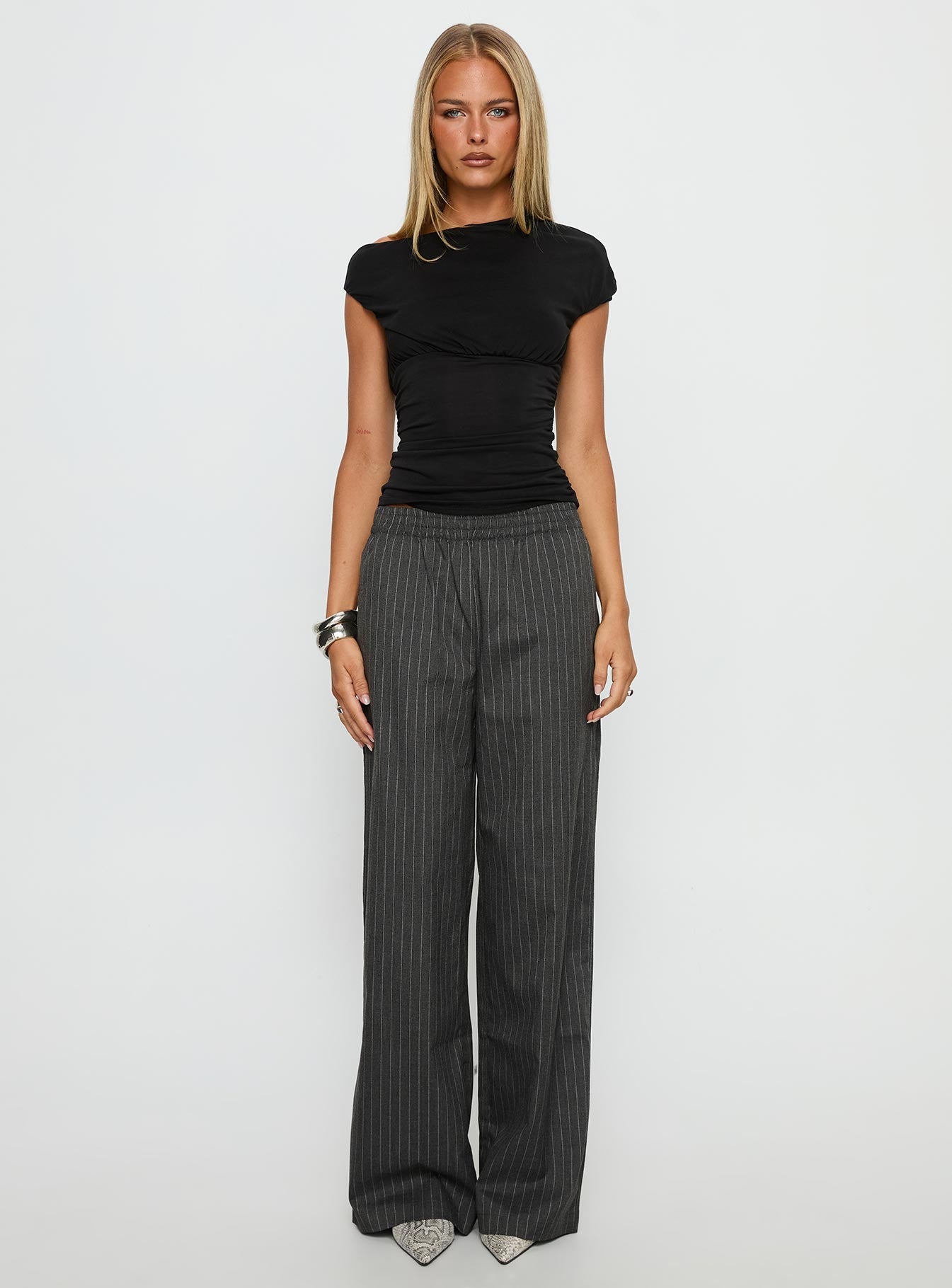 Jaysa Baggy Wide Leg Pant Grey Pinstripe