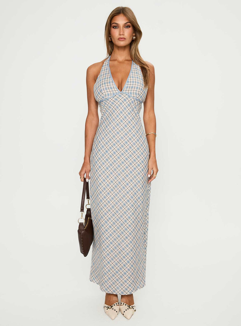 Evienna Halter Maxi Dress Blue Check