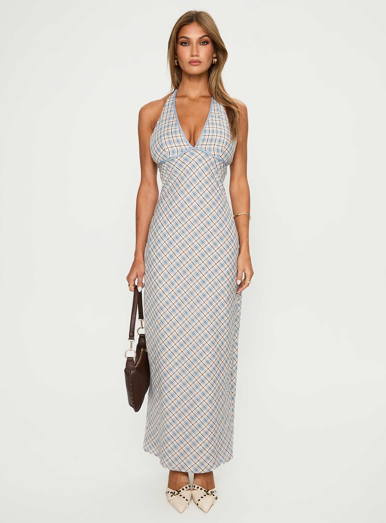 Evienna Halter Maxi Dress Blue Check