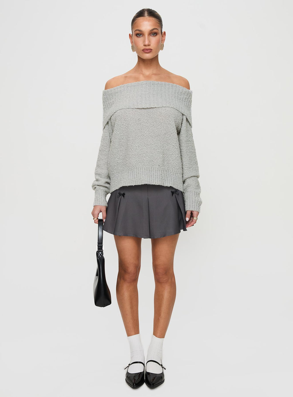 Parkley Boucle Off The Shoulder Sweater Grey Marle