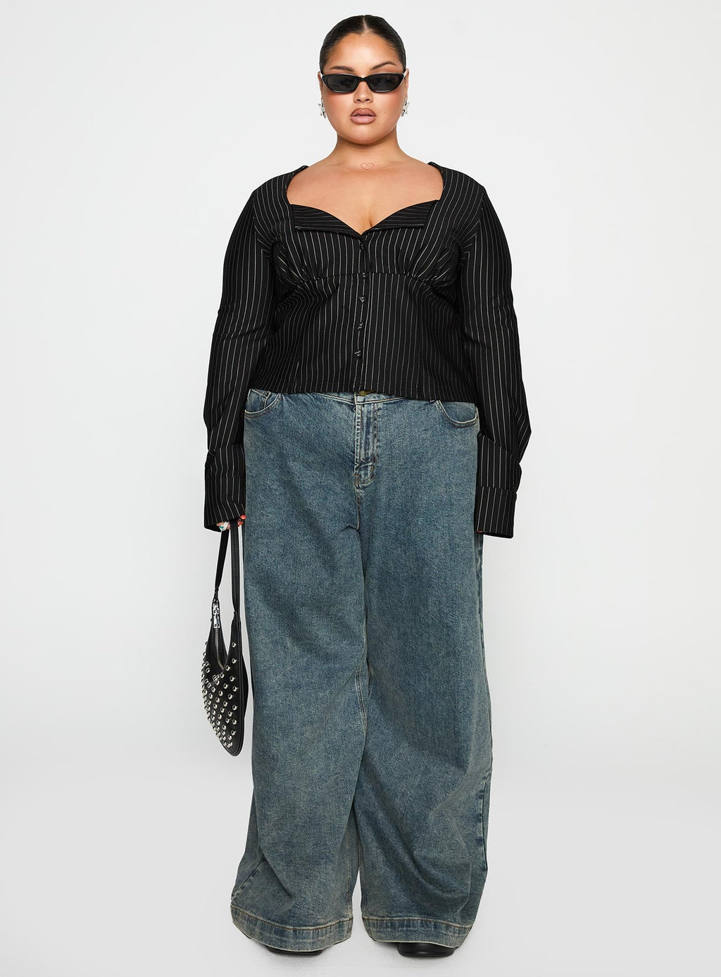 Set For Life Foldover Detail Long Sleeve Top Black / White Pinstripe Curve