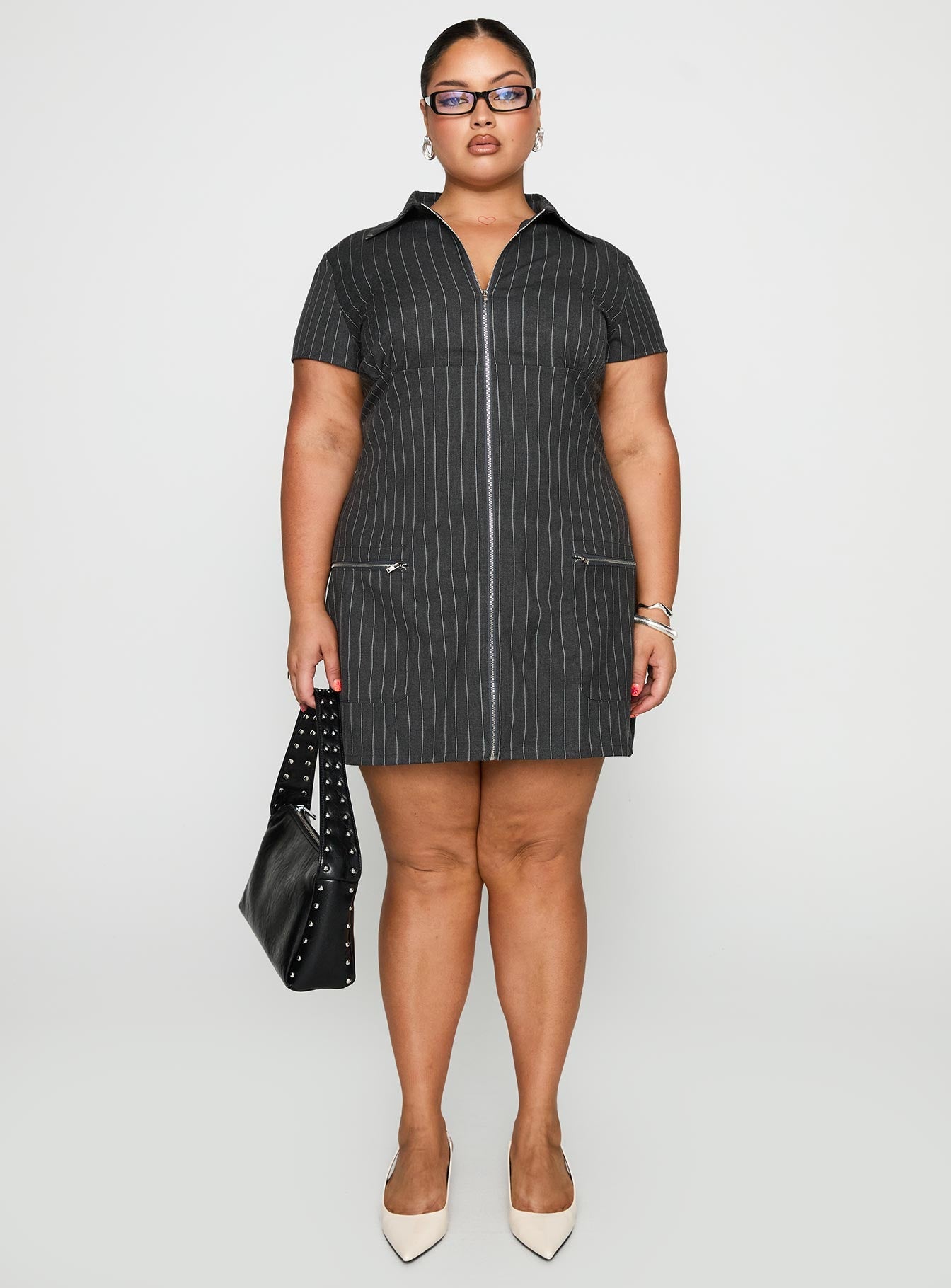 Wynona Mini Dress White / Grey Pinstripe Curve