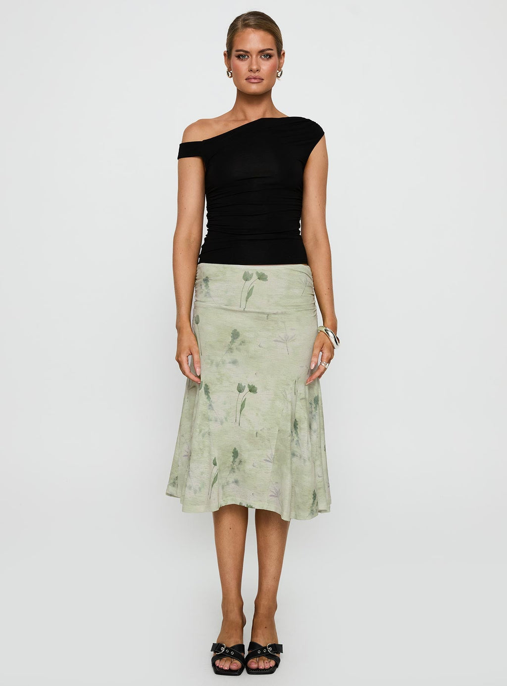 Lewish Low Rise Midi Skirt Green Floral