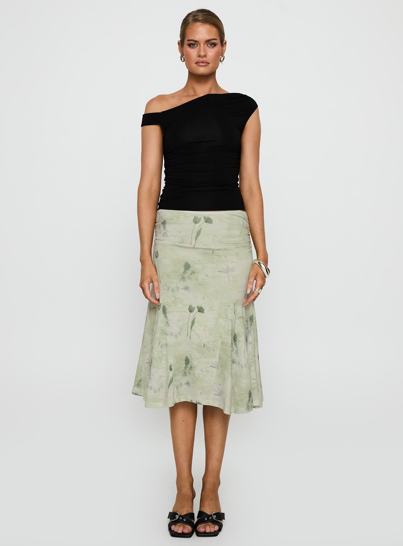 Lewish Low Rise Midi Skirt Green Floral