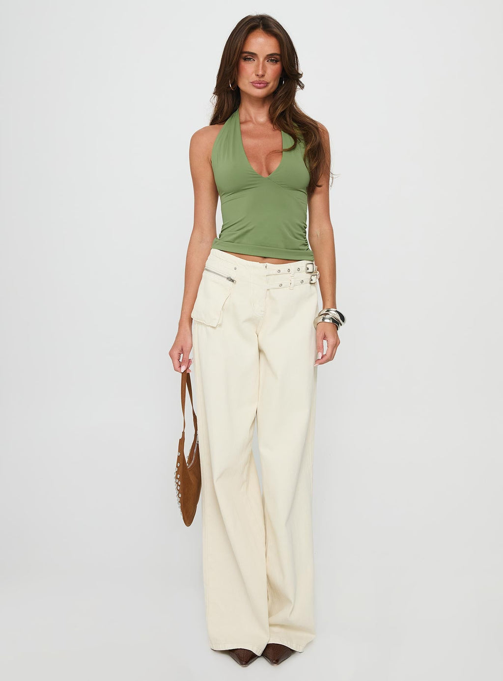 Fifi Halter Longline Wrap Top Olive Green