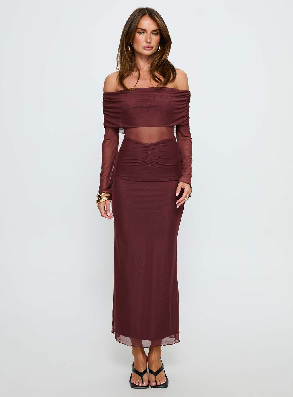 Velouria Off Shoulder Long Sleeve Maxi Dress Brown
