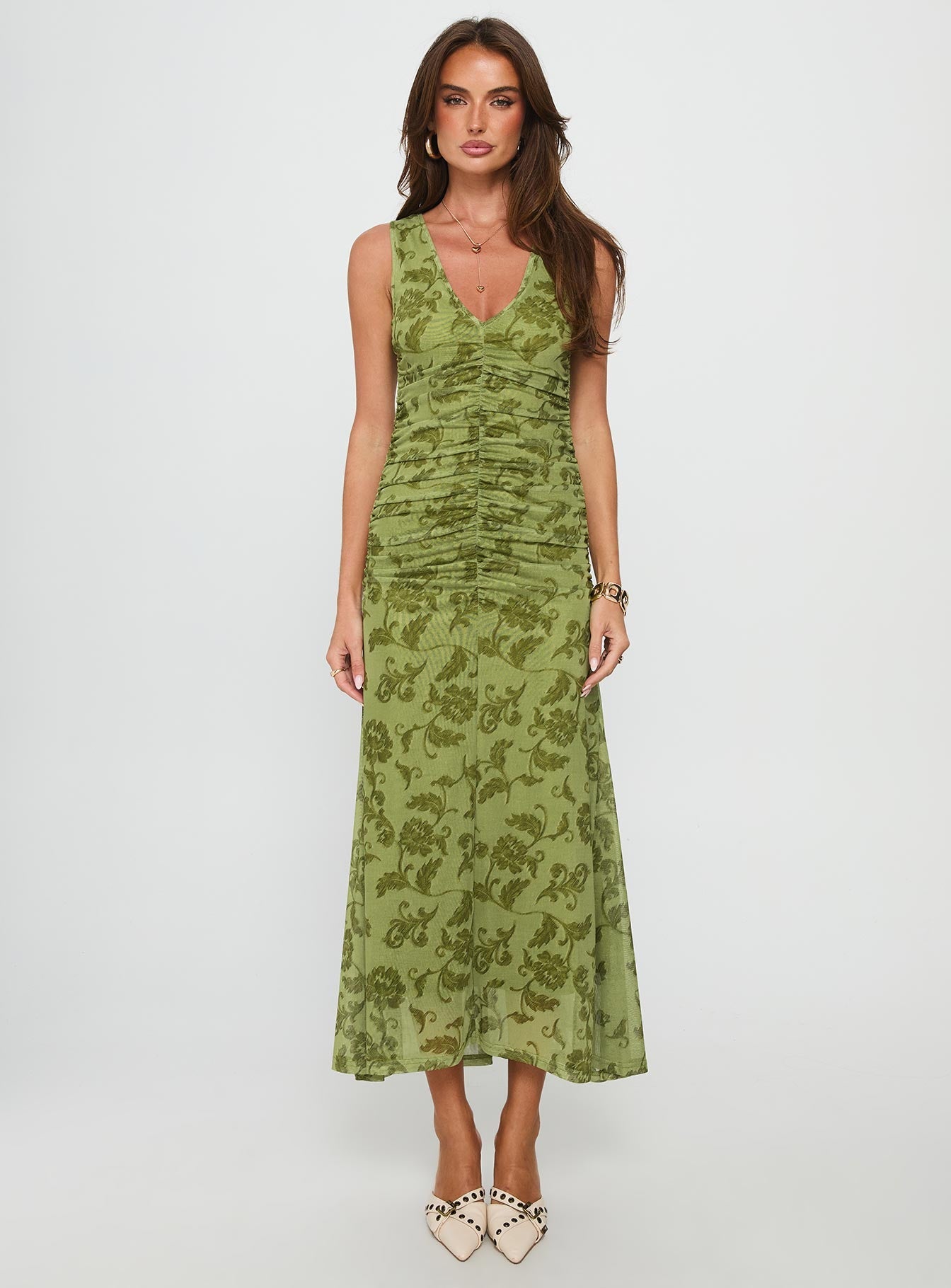 Stefanya Gathered Maxi Dress Green Floral