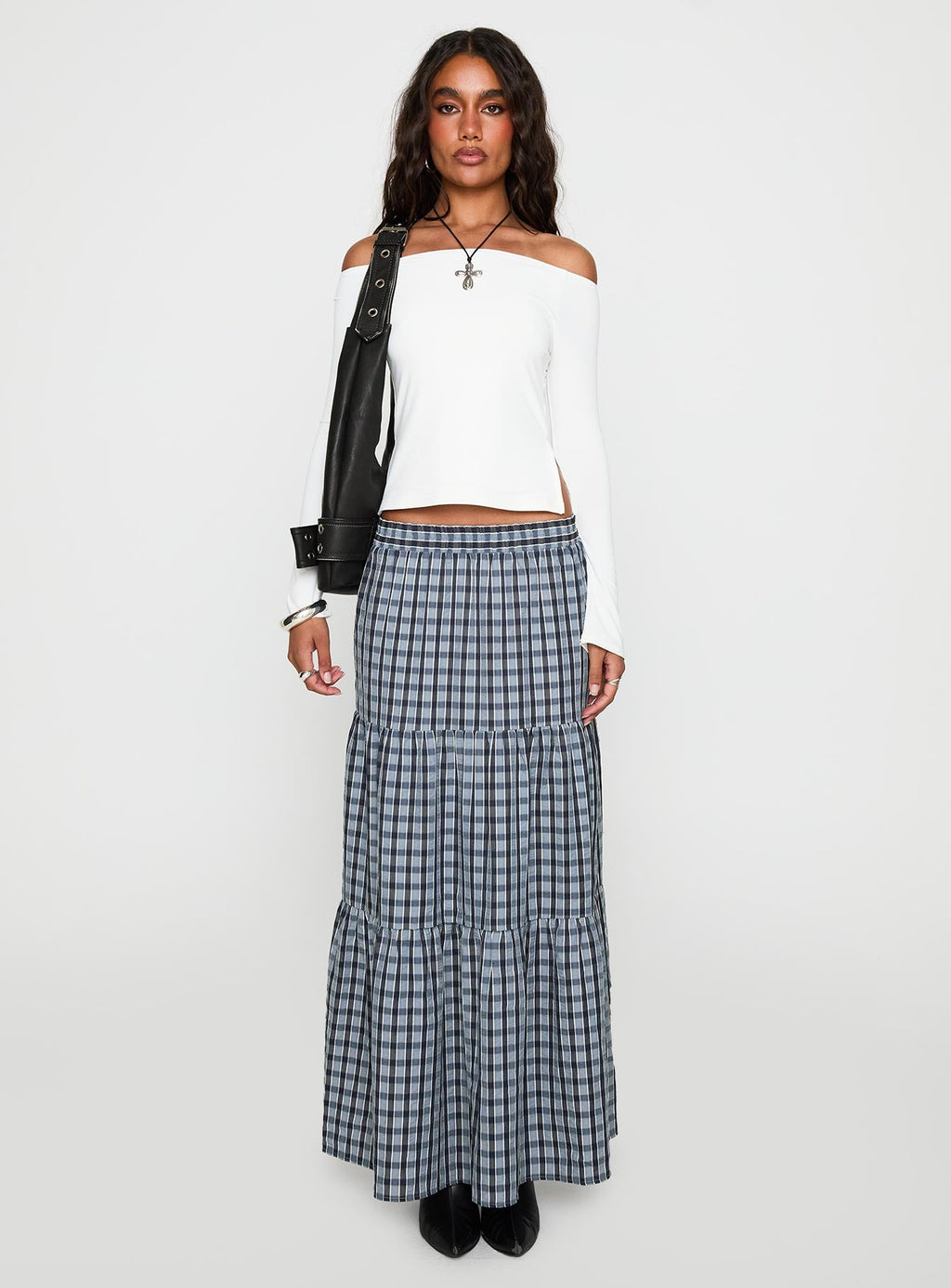 Rockwell Tiered Midi Skirt Navy Check