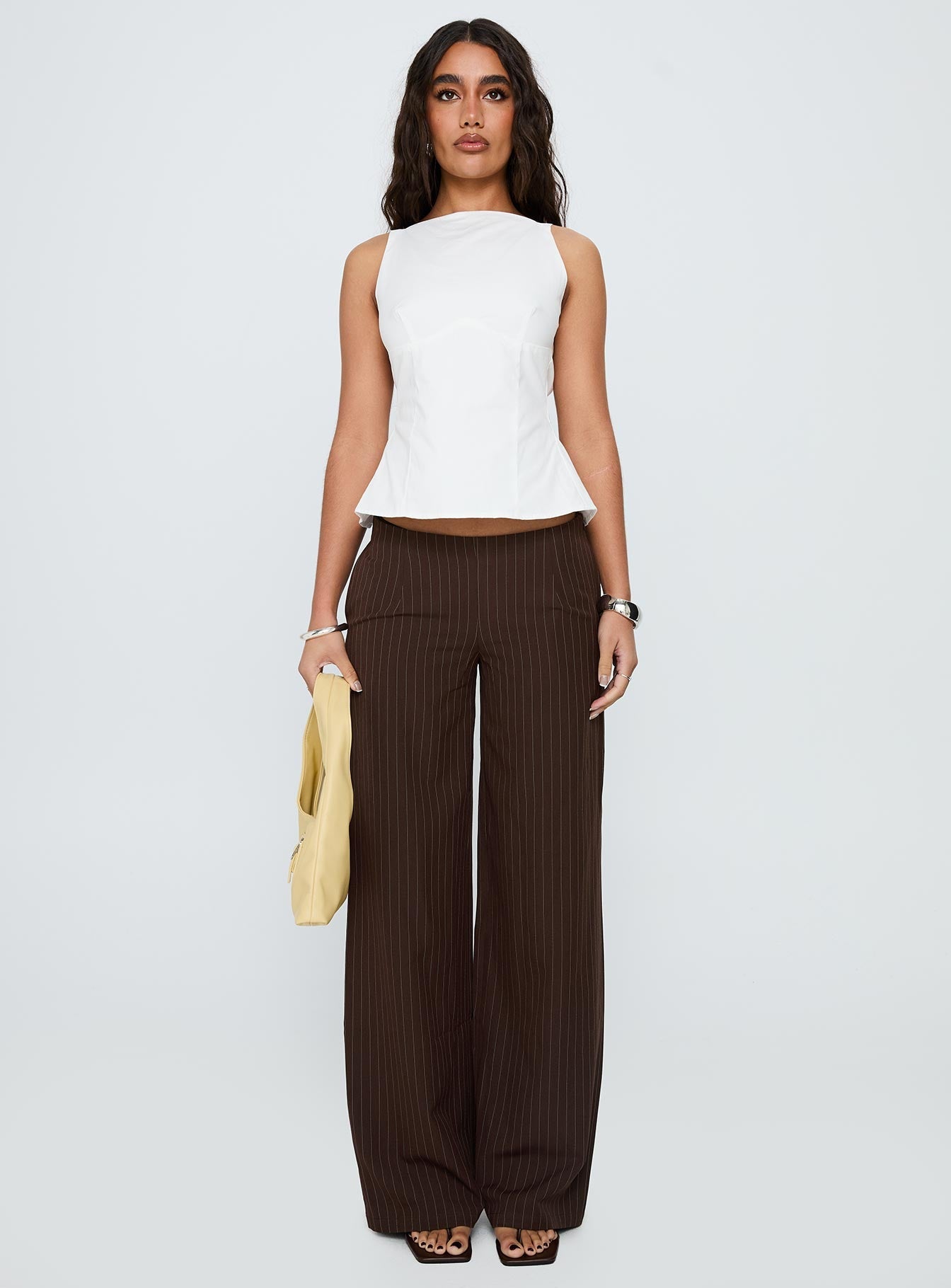 Khane Low Rise Wide Leg Pant Brown Pinstripe